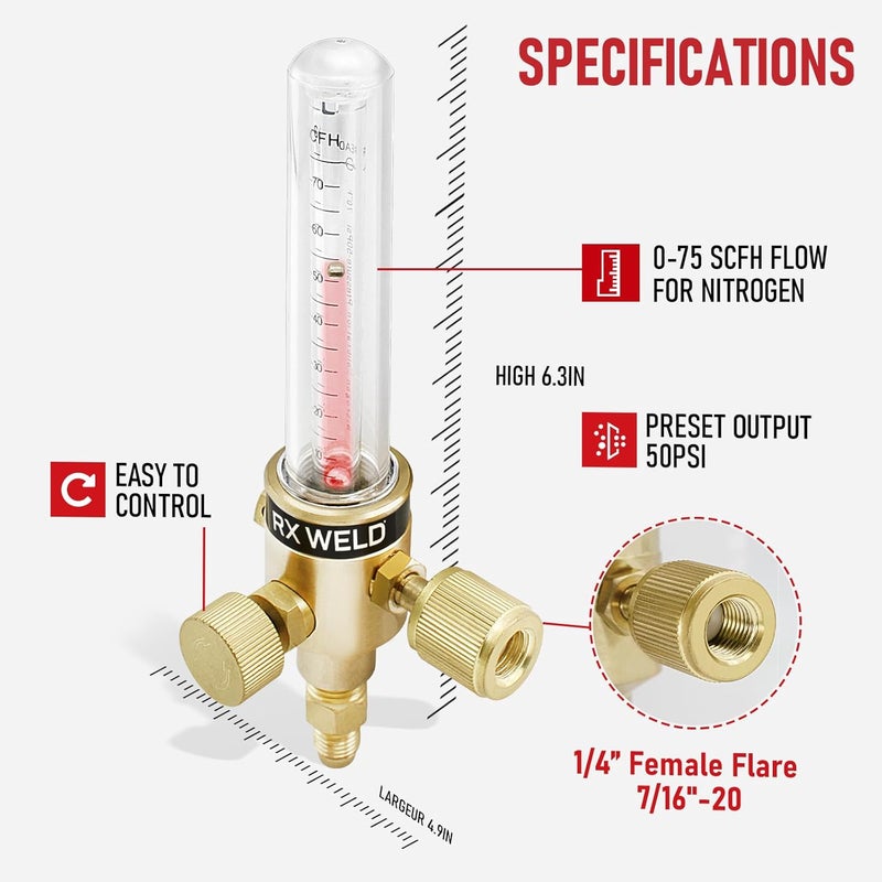 RX WELD Nitrogen Flow Indicator 1/4" SAE Flare Inlet and Outlet 50PSI - Image 2